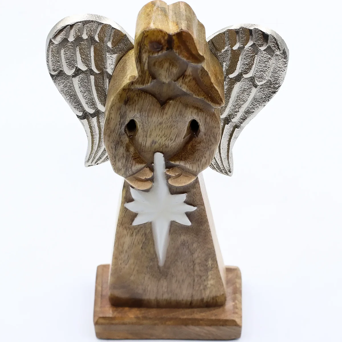 Large mango wood peace angel figurine with detailed metal wings and enamel accents.