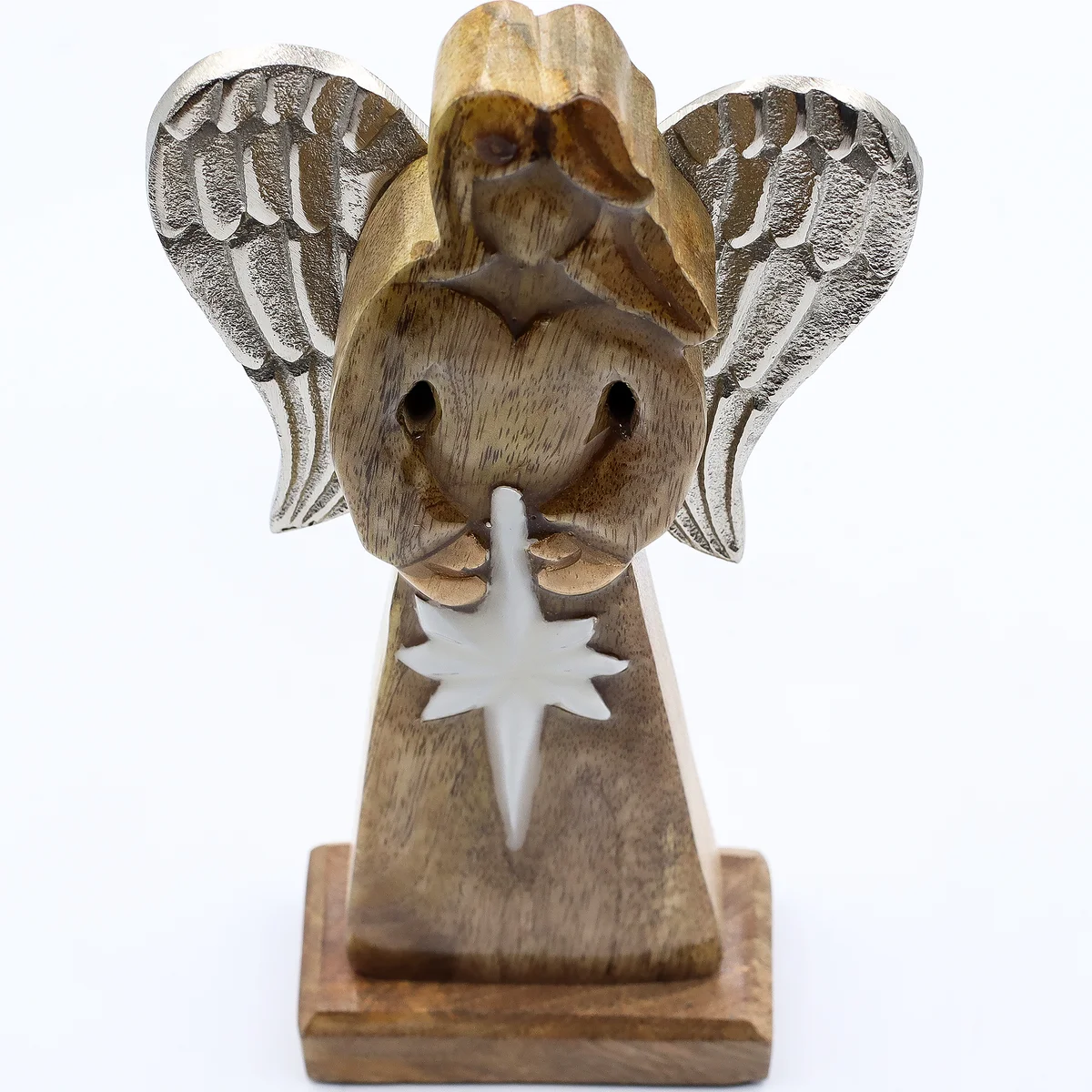 Large mango wood peace angel with intricate metal wing ornament and enamel accents.