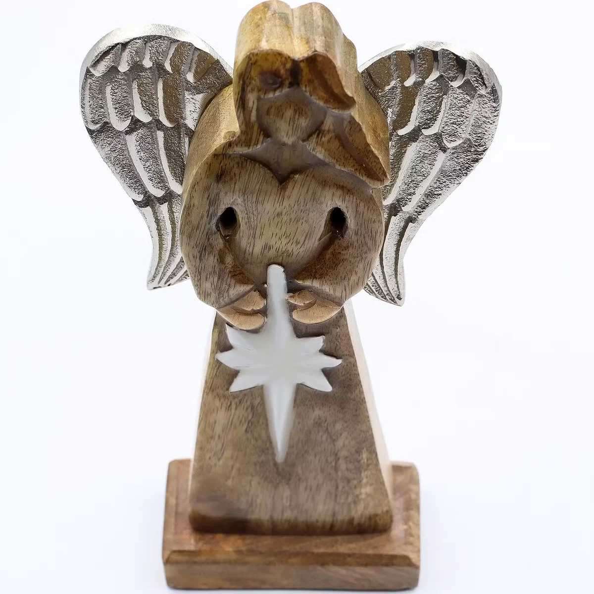 Large mango wood peace angel featuring metal wings and enamel detail angel