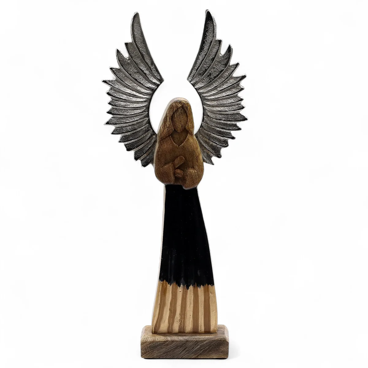 Large mango wood guardian angel with metal wings angel ornament and enamel detail