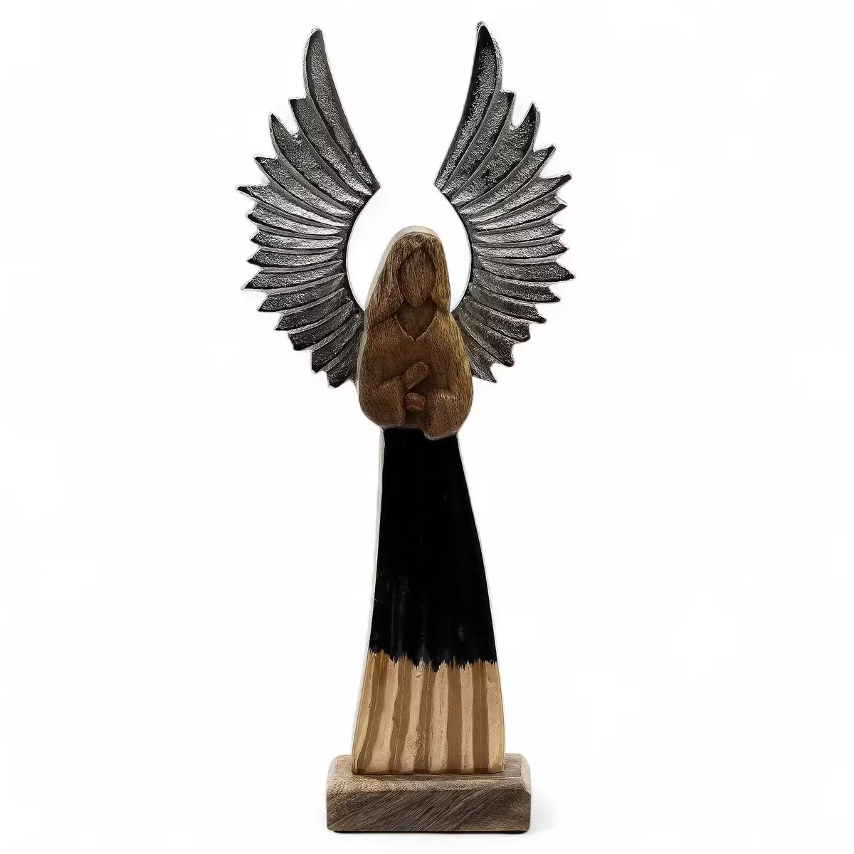 Large mango wood guardian angel with metal wings, enamel detail angel décor
