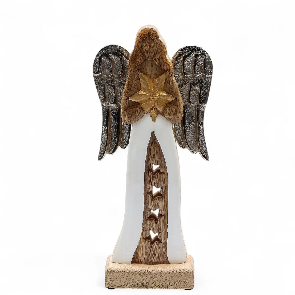 Large wooden angel ornament with mango wood star, metal wings and enamel detail