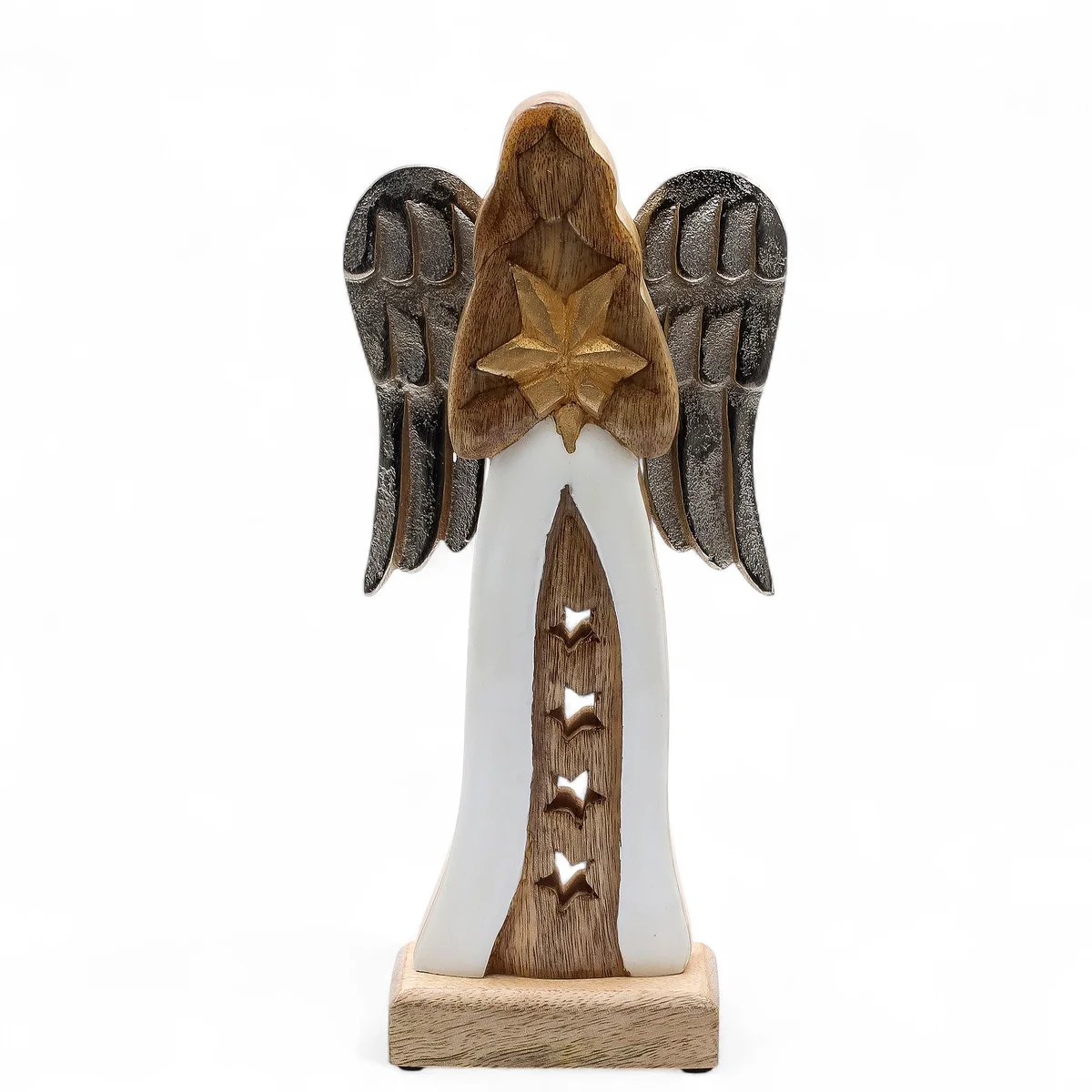 Large mango wood angel with metal wings and enamel detail, a metal wing angel decoration.