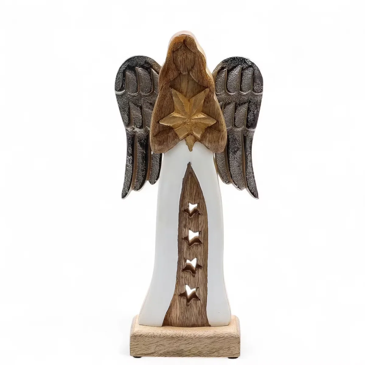 Large mango wood star angel with metal wings, featuring enamel detail ornament.