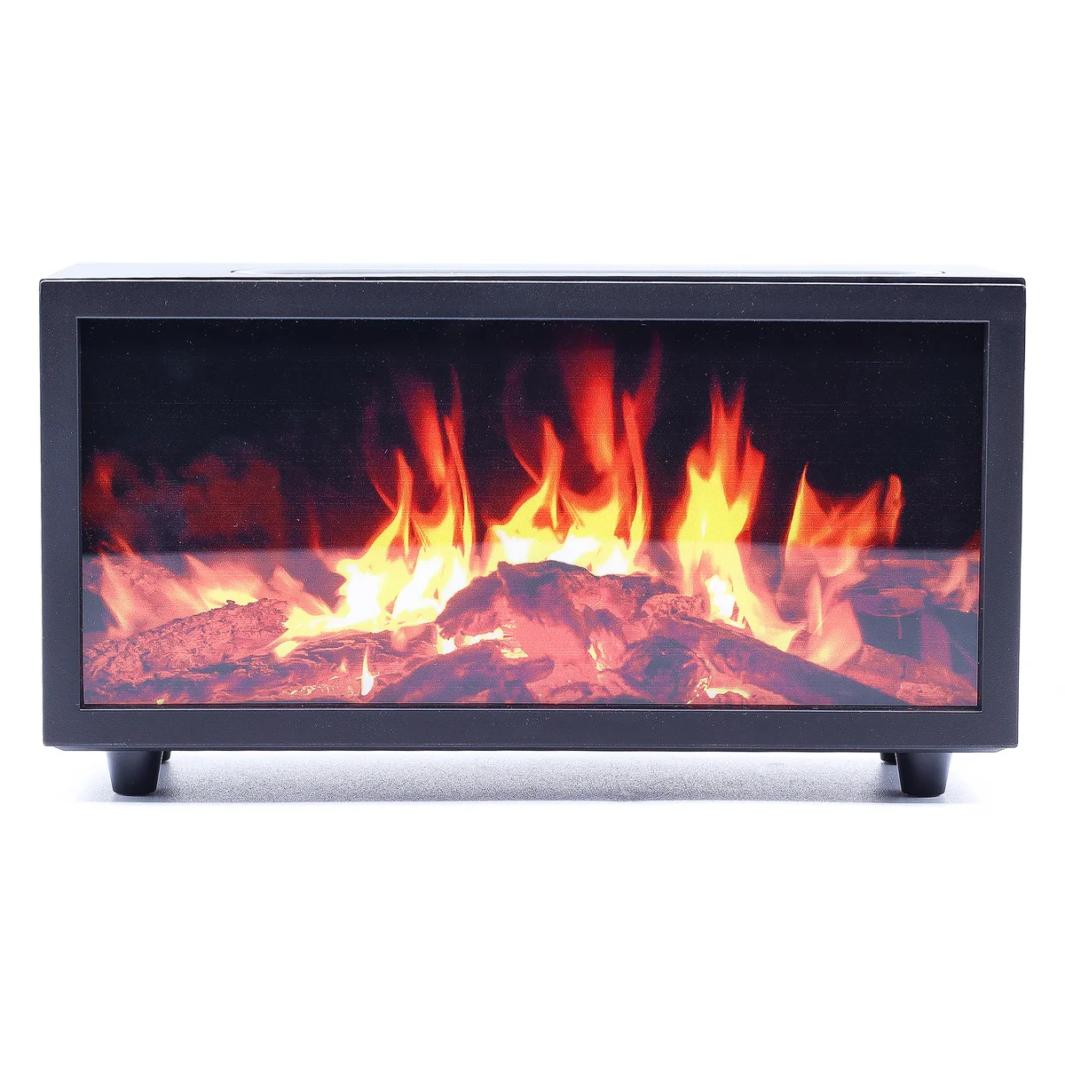 Black USB aroma diffuser with flame effect and colour change, emitting mist with birdsound feature visible