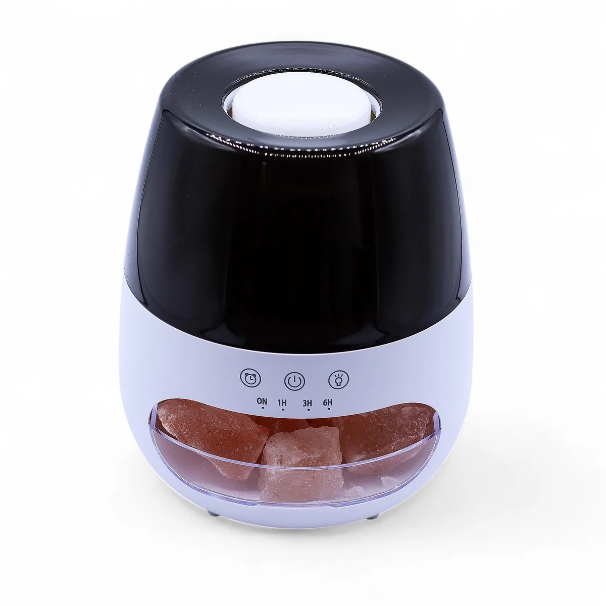 White salt stone flame effect aroma diffuser with USB connection, colour change feature, and timer function on display