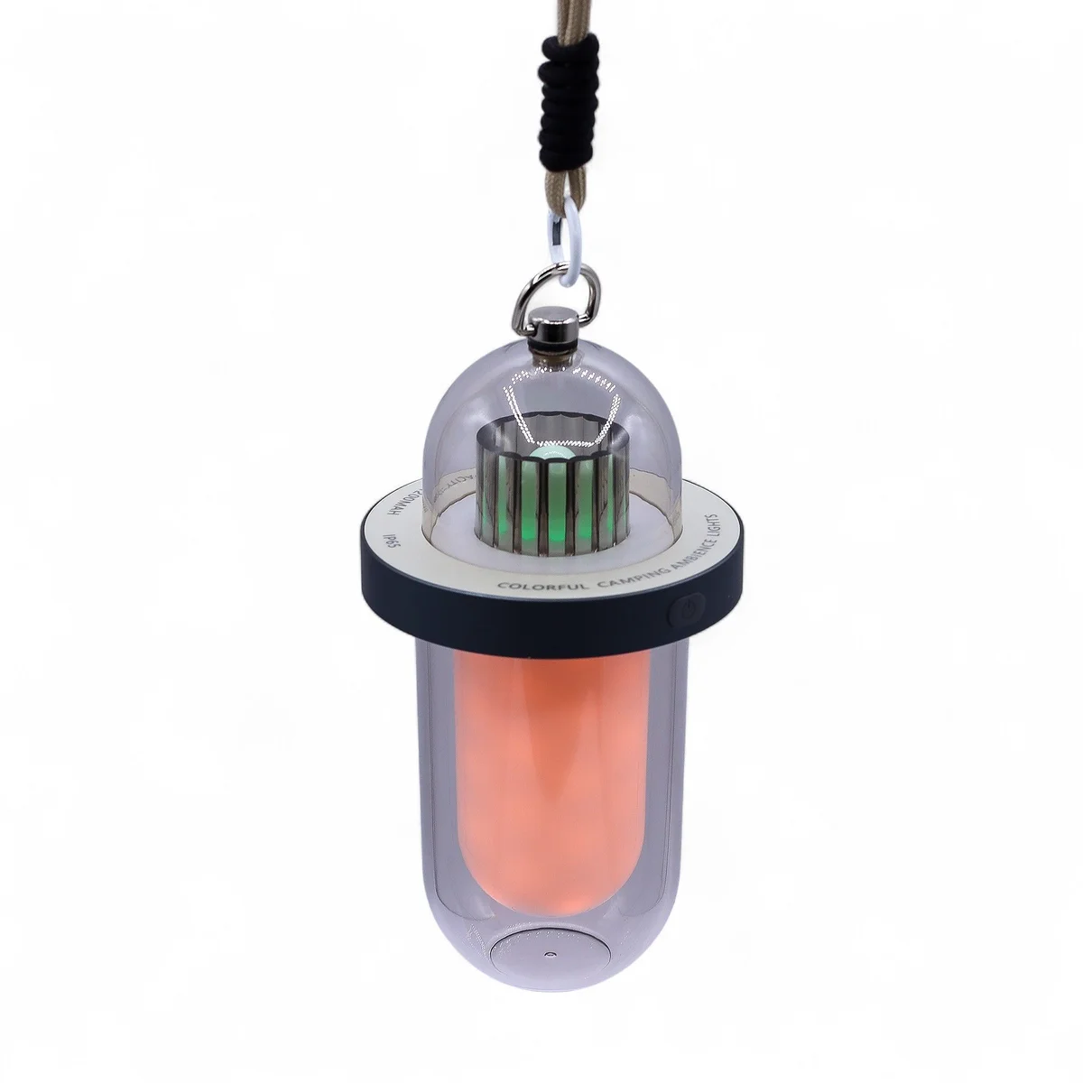 White outdoor flame effect lamp with USB-C charging port showing multi-colour flame effect on a dark background