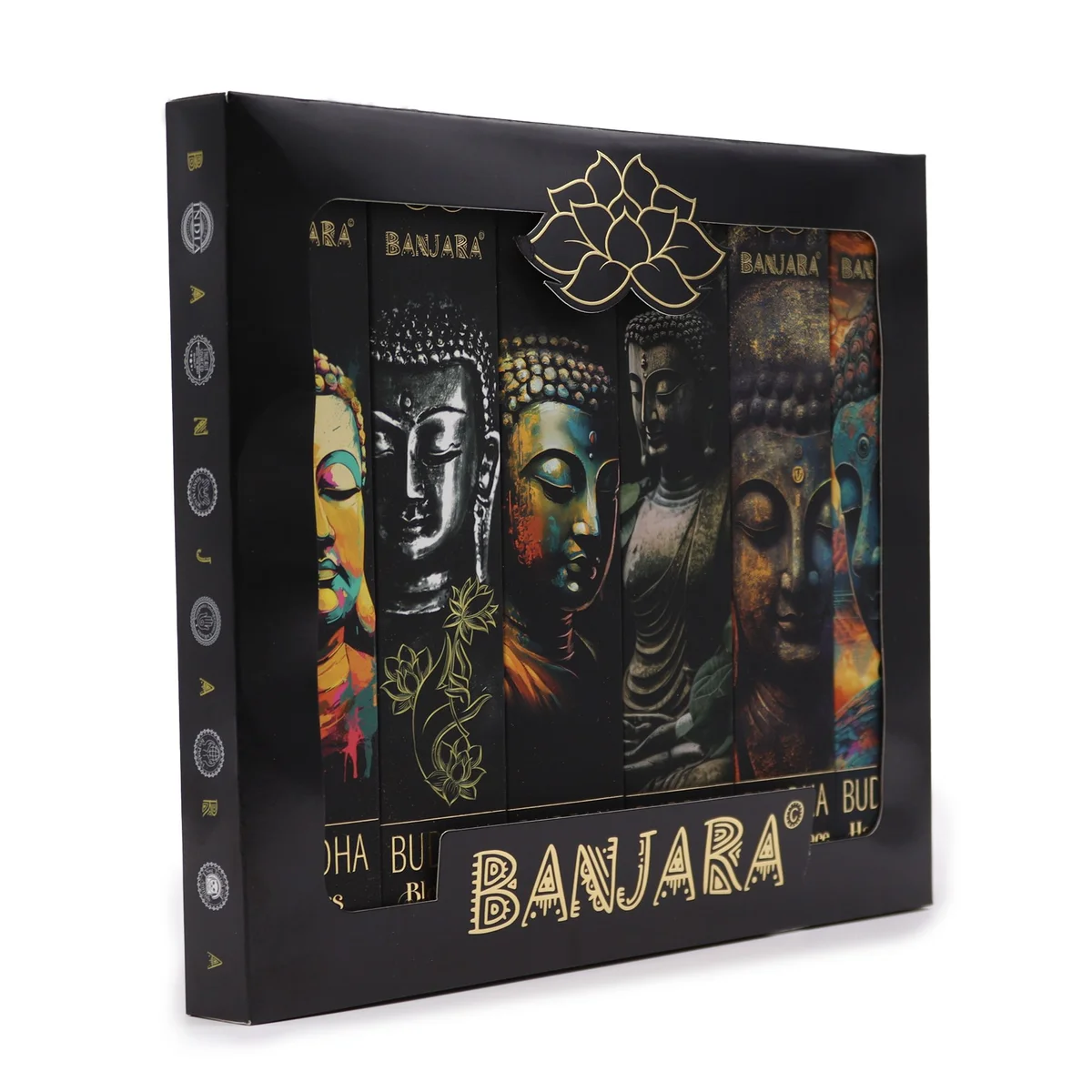 Buddha figurine set of six displayed together in a box.
