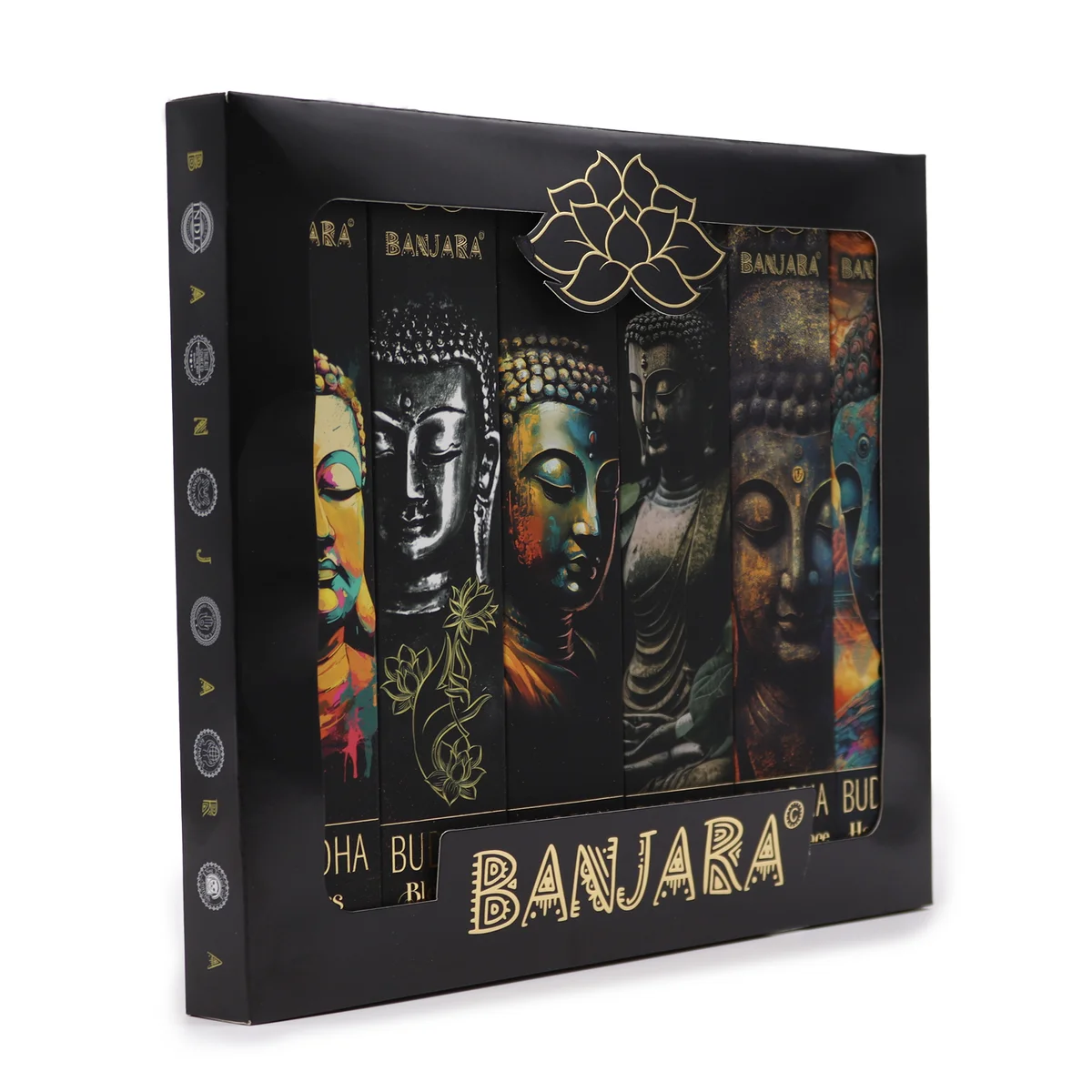 Set of 6 Banjara Buddha statues displayed together in a box, each with detailed carvings and a calm, serene expression.