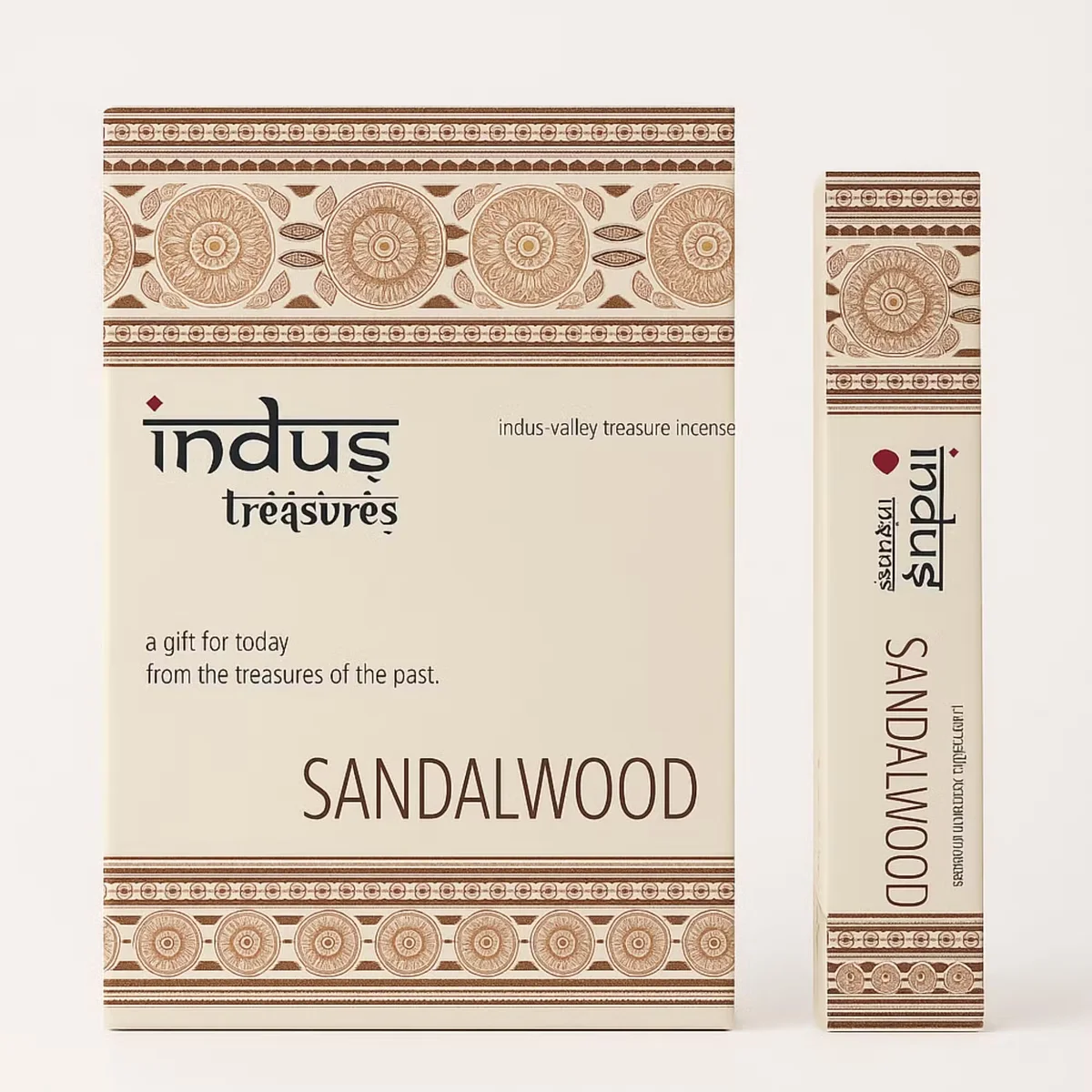 Indus Treasures 15gms pure sandalwood fragrance product on neutral background.