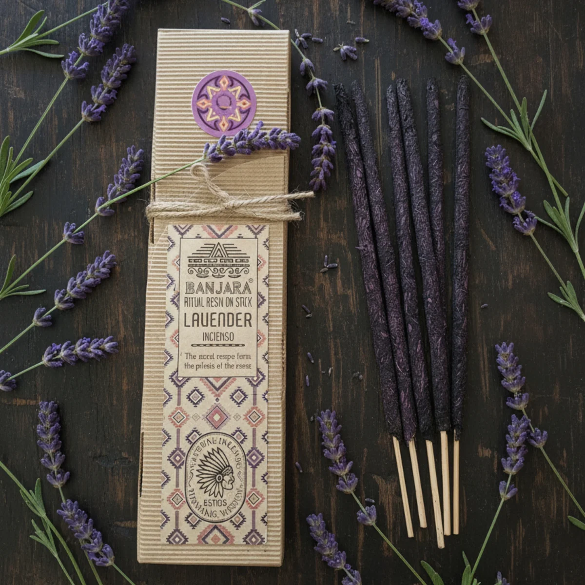 Lavender incense stick: resin dried on a wooden stick, wrapped in brown paper pouch.