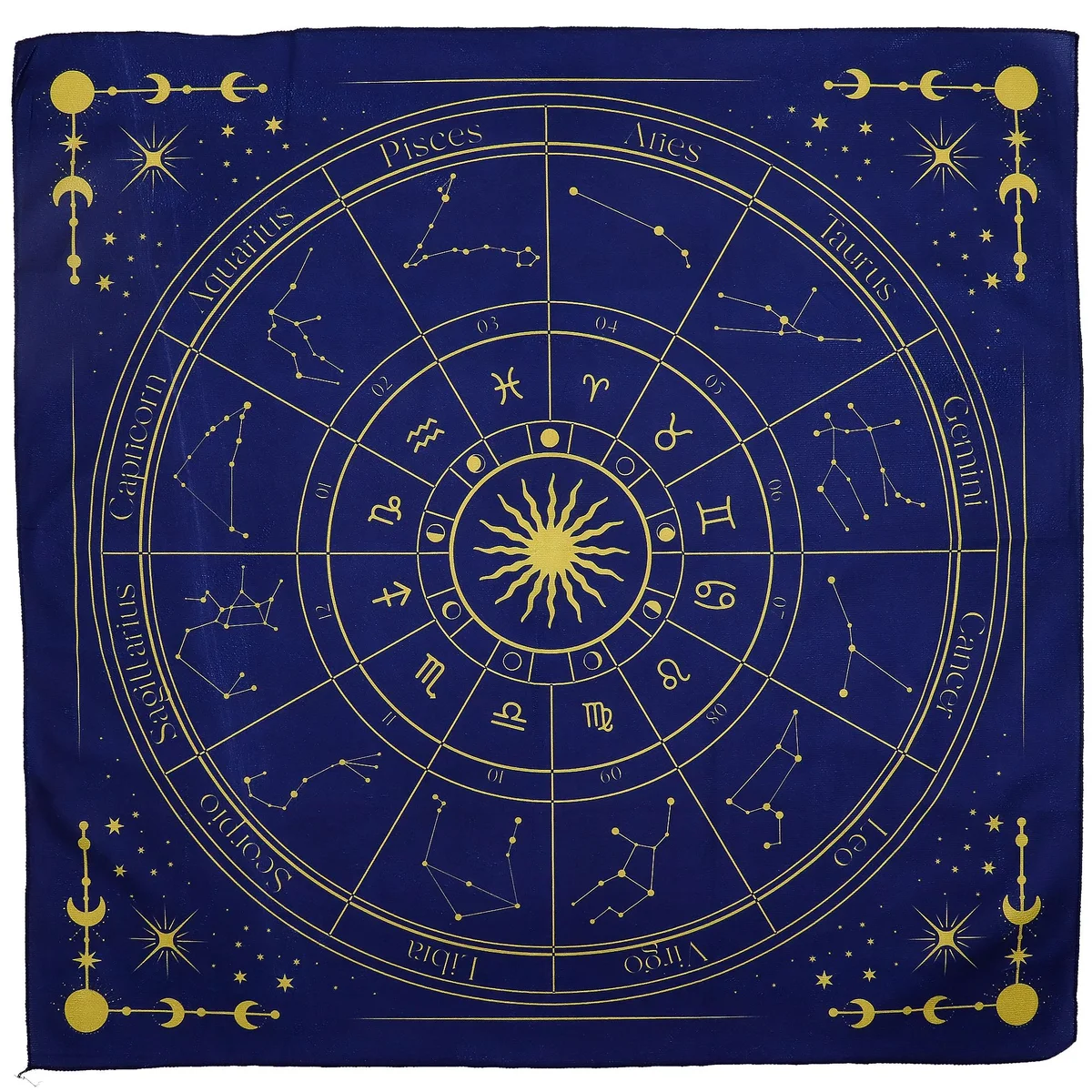 Tarot reading cloth featuring zodiac signs arranged in a circular pattern on dark fabric background