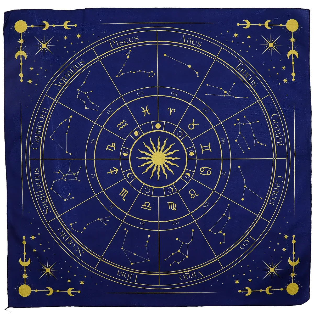 Zodiac tarot cloth with astrological symbols designed for tarot reading sessions on a dark background
