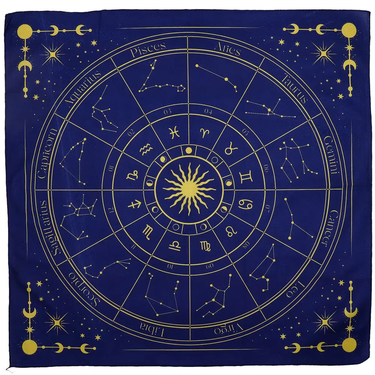 Astrology tarot cloth featuring zodiac symbols laid out flat for tarot reading sessions