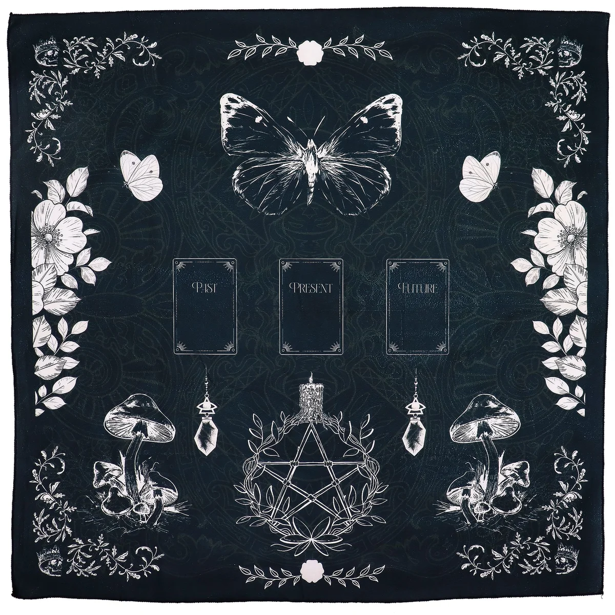 Tarot reading cloth featuring an ancient witch design laid flat on a surface