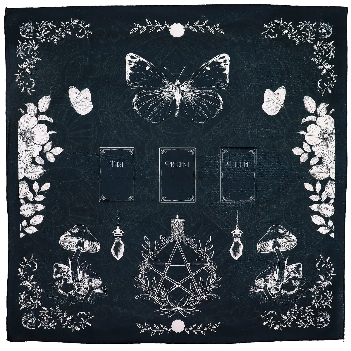 Ancient witch cloth tarot reading cloth with mystical symbols on dark fabric for tarot card layouts