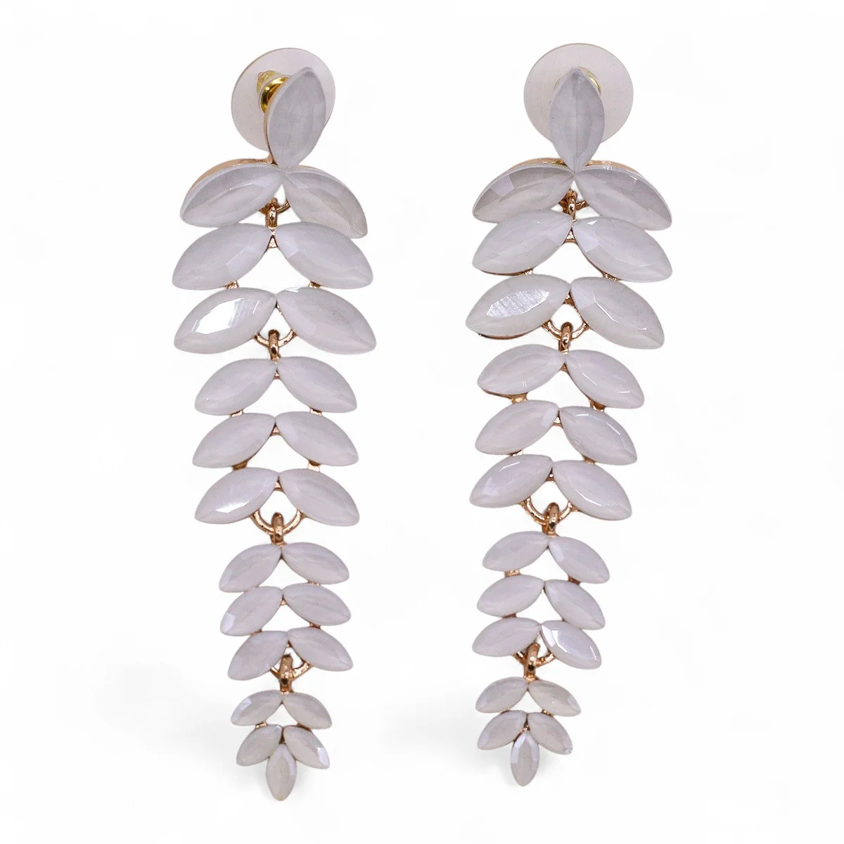 Pair of pearl vintage glass earrings with long drop design on white background