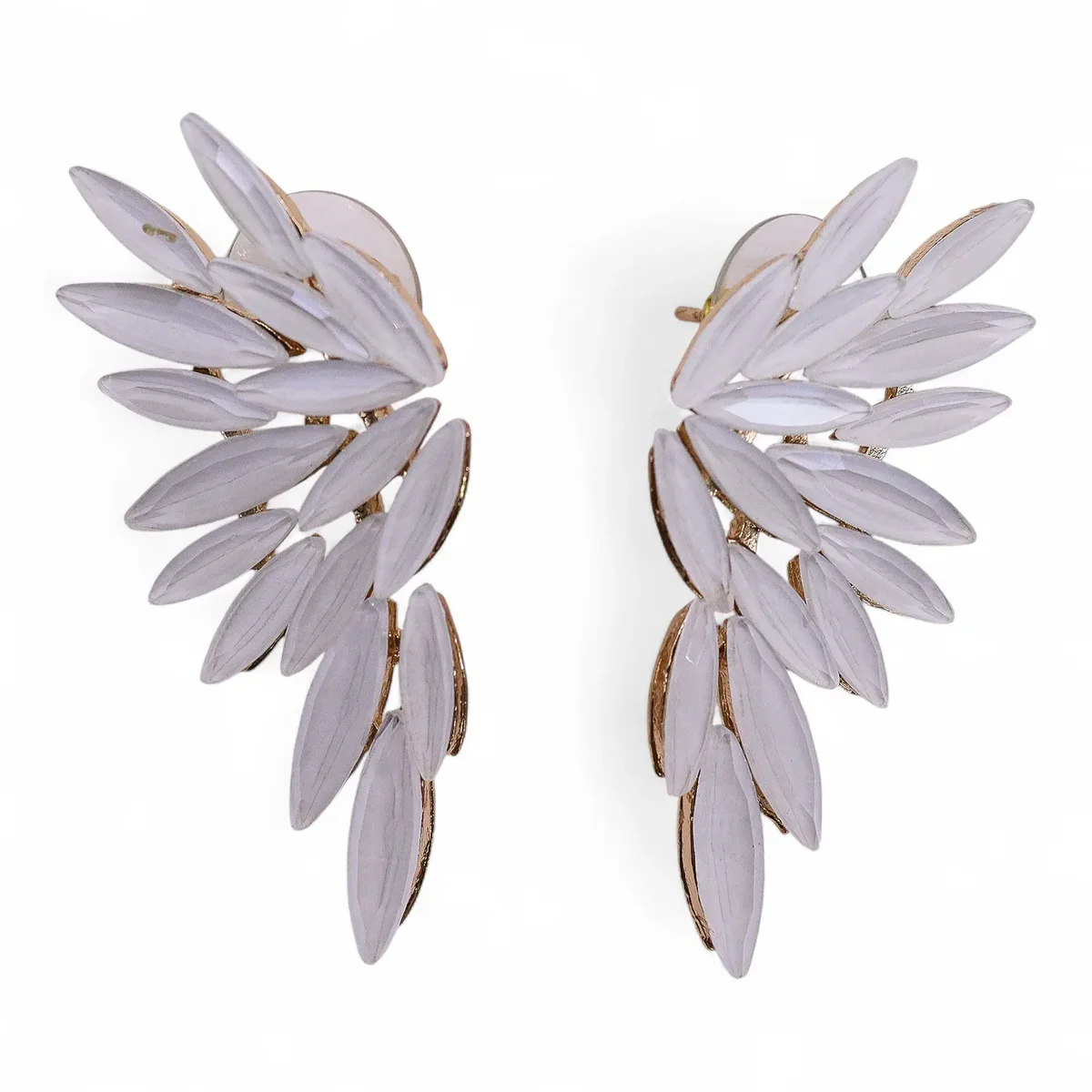 Vintage glass angel wings pearl earrings with delicate detailing on a white background