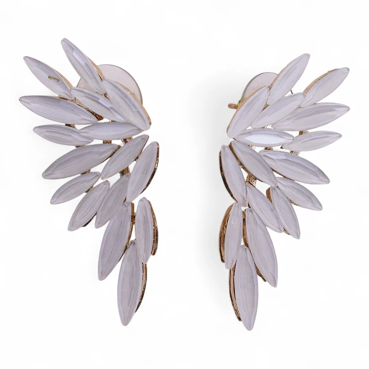 Pair of vintage glass angel wings earrings with pearl accents on a white background