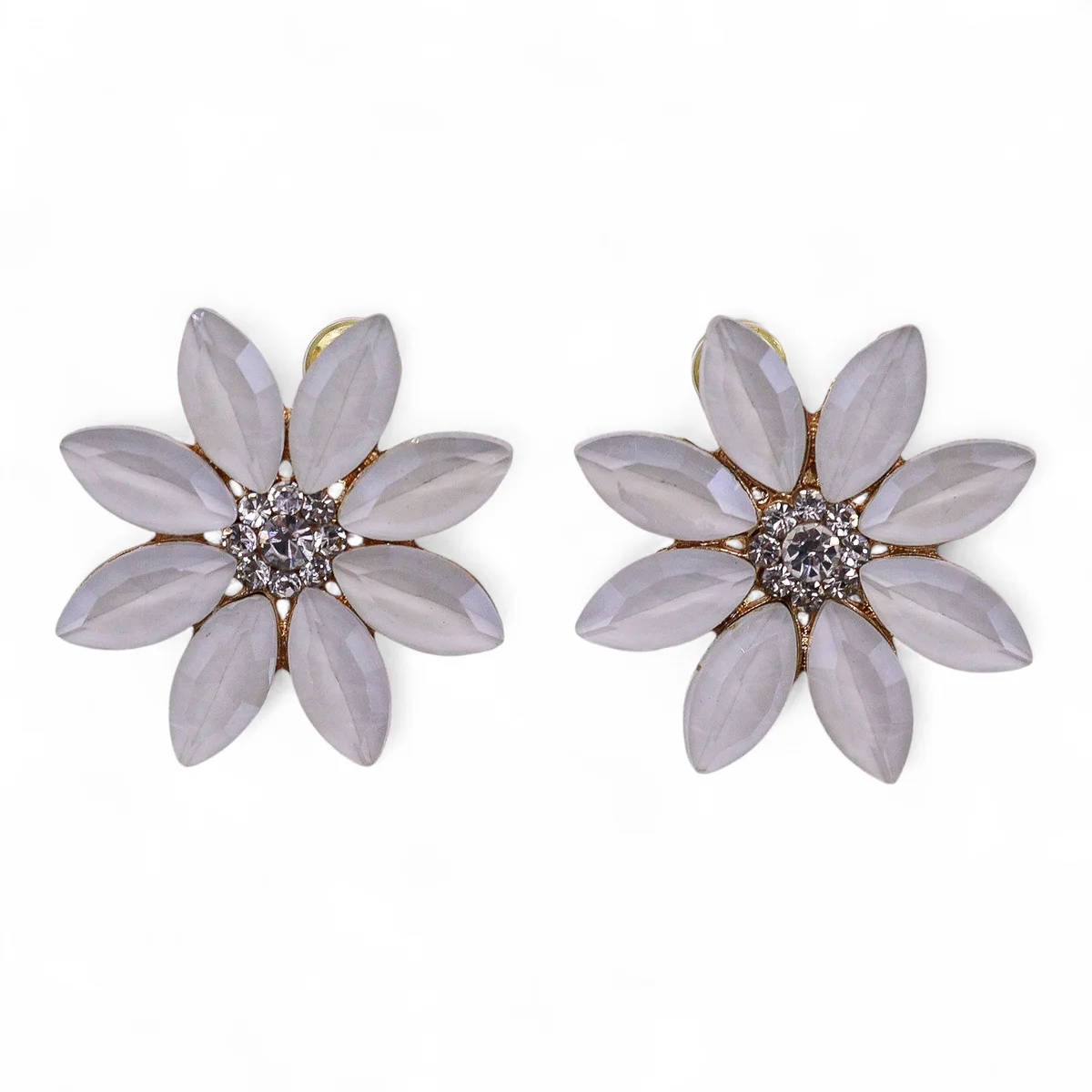 Vintage glass flower earrings featuring delicate pearl accents, shown against a white background
