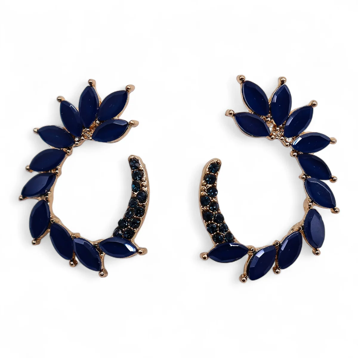 Pair of royal blue vintage glass loop earrings uk displayed on a white background