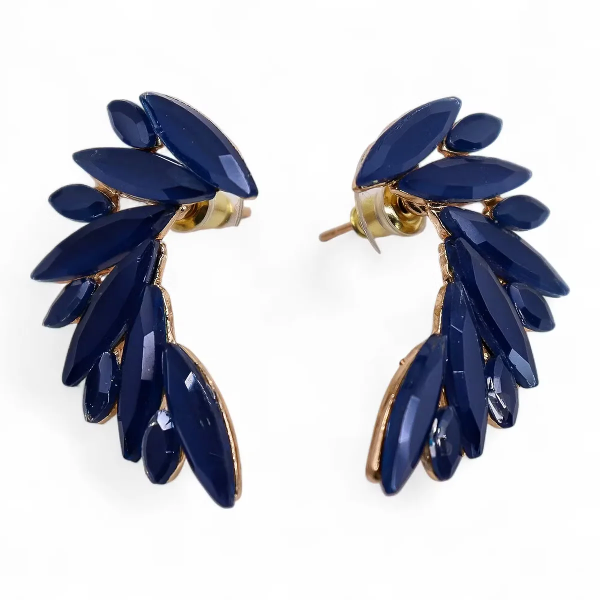 Pair of royal blue vintage glass angel wings earrings, showcasing blue glass jewellery with intricate wing design