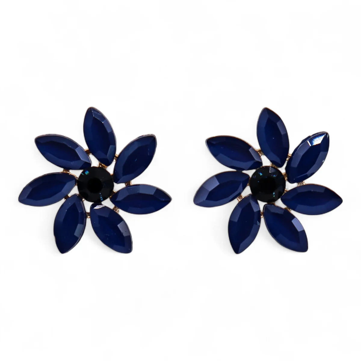 Pair of royal blue vintage glass flower design earrings with intricate floral patterns on display against white background