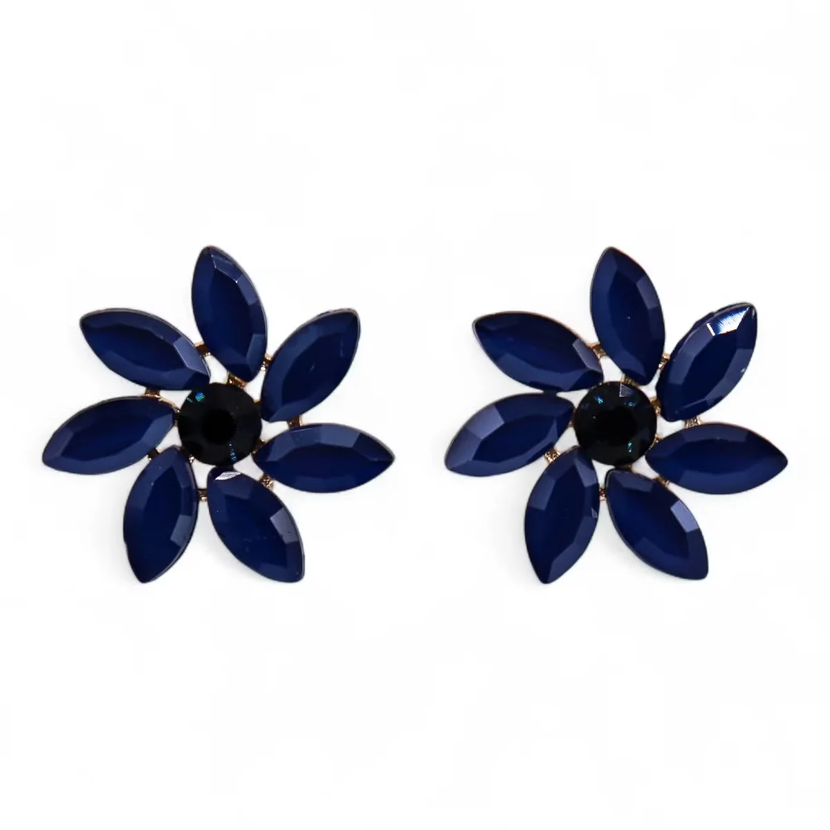 Pair of royal blue flower earrings made from vintage glass with delicate floral design on silver hooks