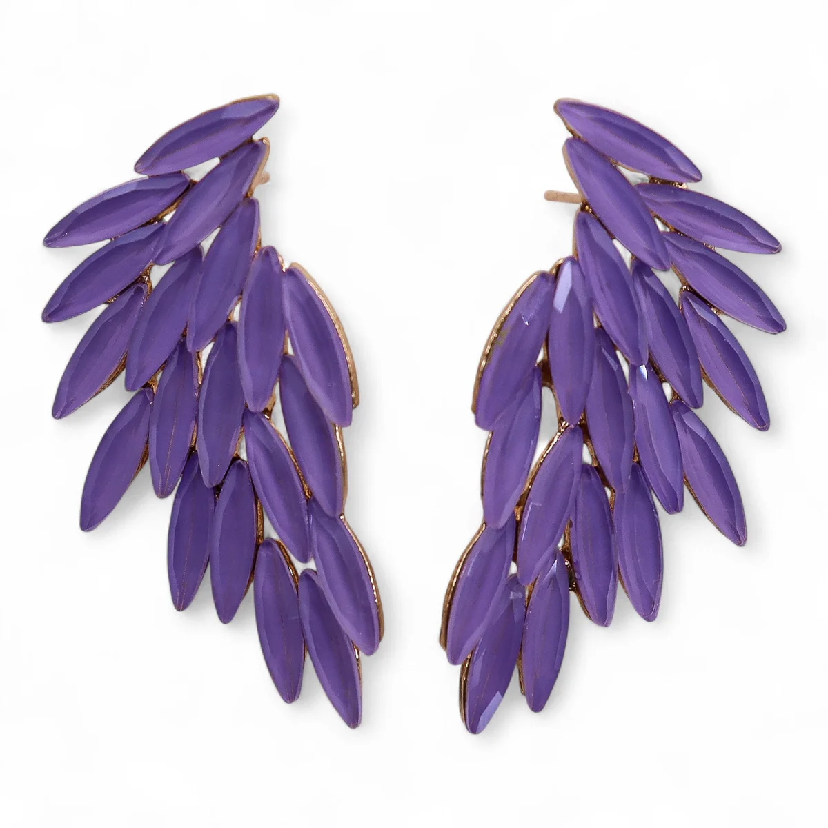 Pair of vintage glass lavender earrings shaped like angel wings on a white background