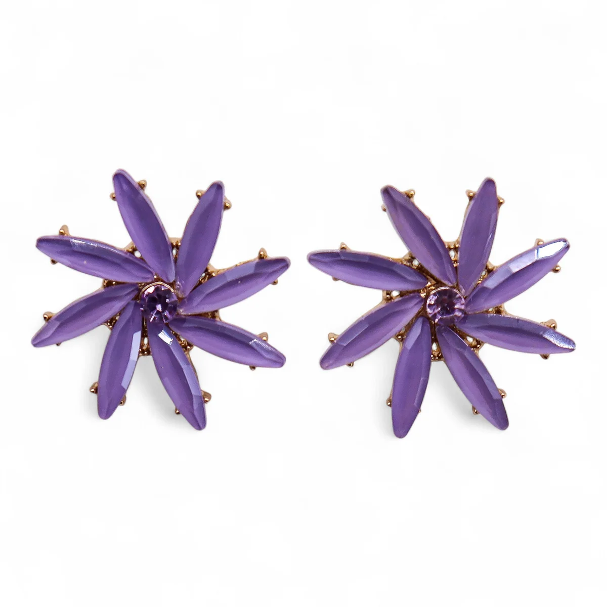 Pair of vintage style earrings featuring lavender flowers made from vintage glass on a white background