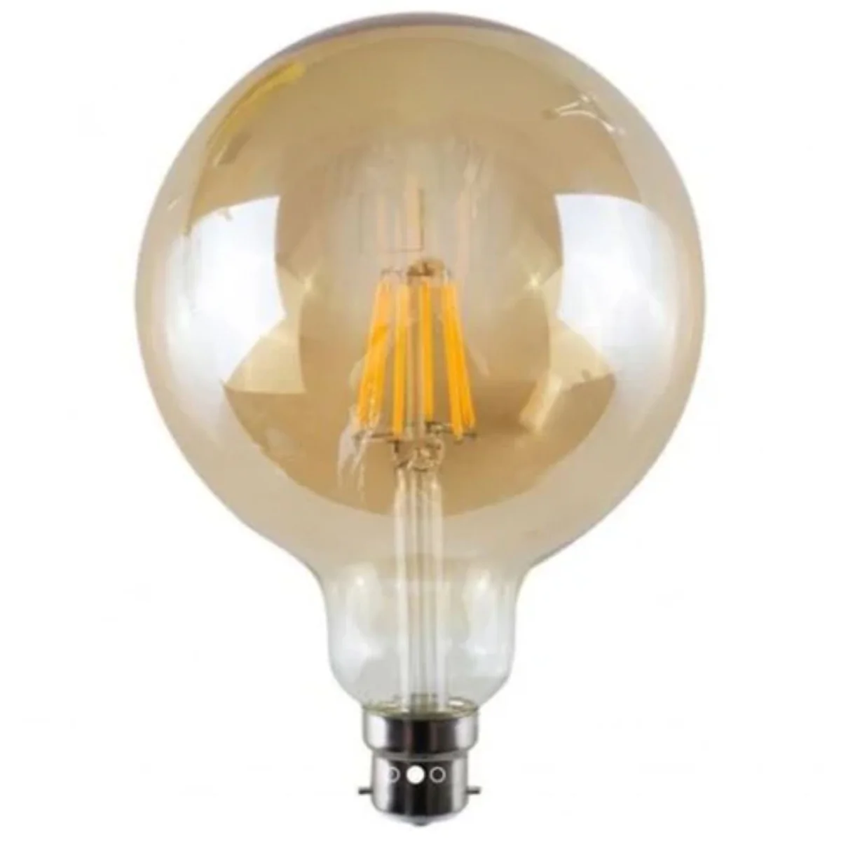 Vintage LED filament bulb with amber glass globe, B22 base, glowing warm white light, dimmable 8W G125 bulb