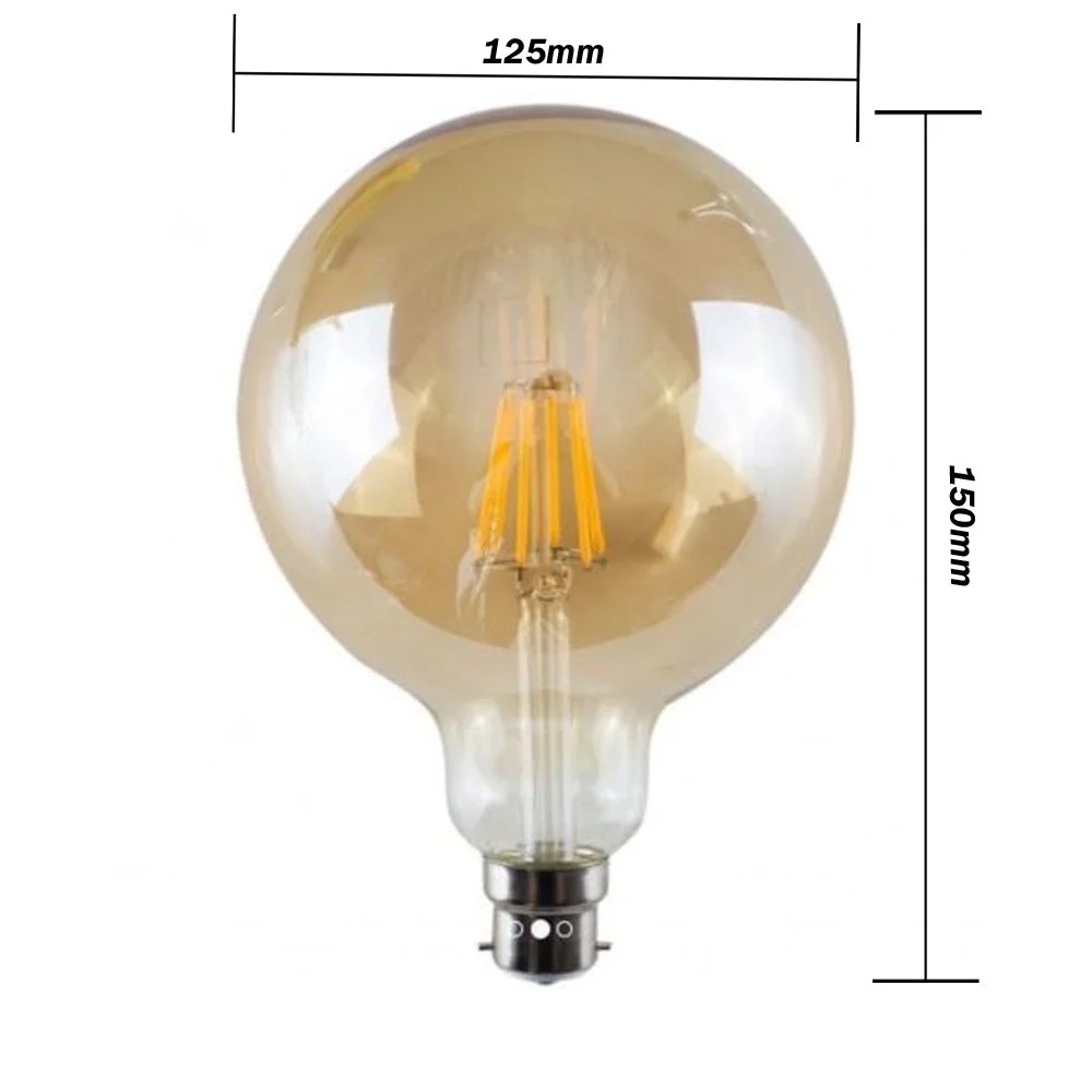 Vintage G125 globe dimmable LED bulb with amber glass and exposed filament, B22 base, warm white light