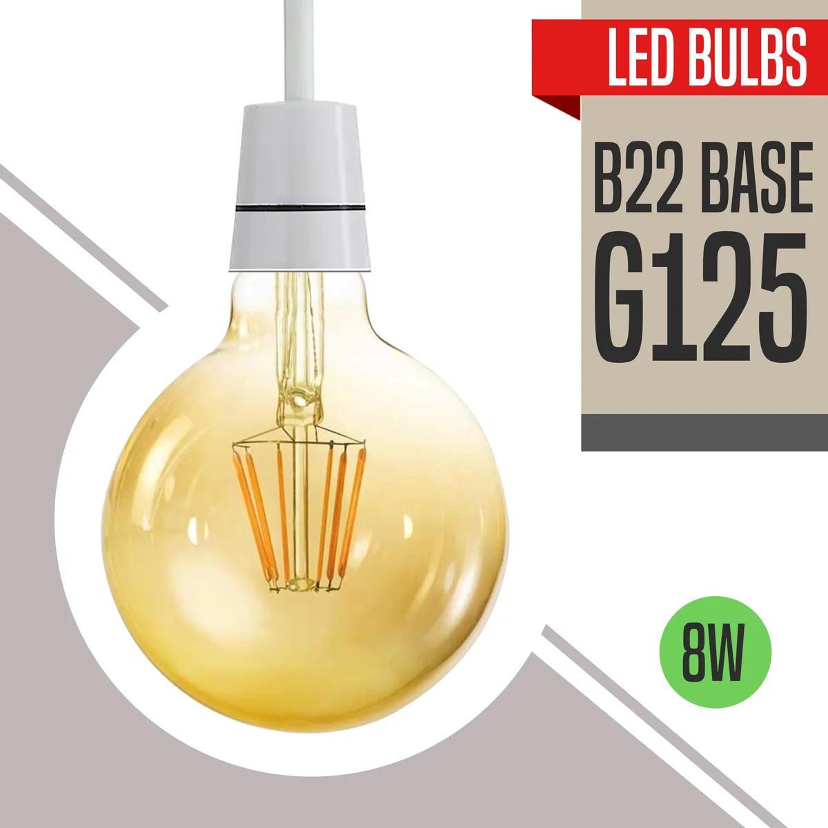 Vintage G125 amber glass warm white LED bulb with exposed filament and B22 base, ideal for dimmable lighting fixtures
