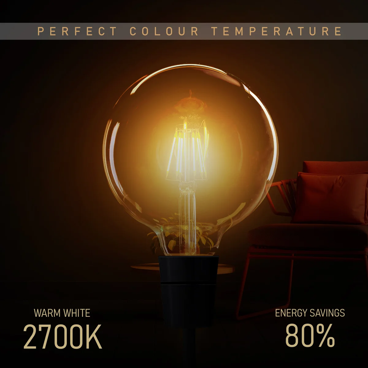 Vintage LED filament bulb with amber glass globe and B22 base glowing warmly on a dark background