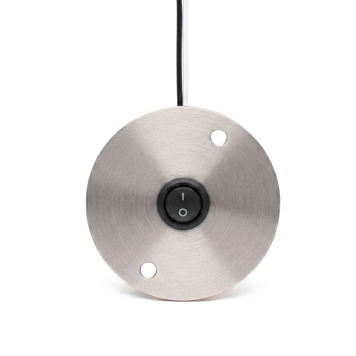 Round rocker switch with black metal cover plate and pre-wired leads, designed for panel mount in junction boxes