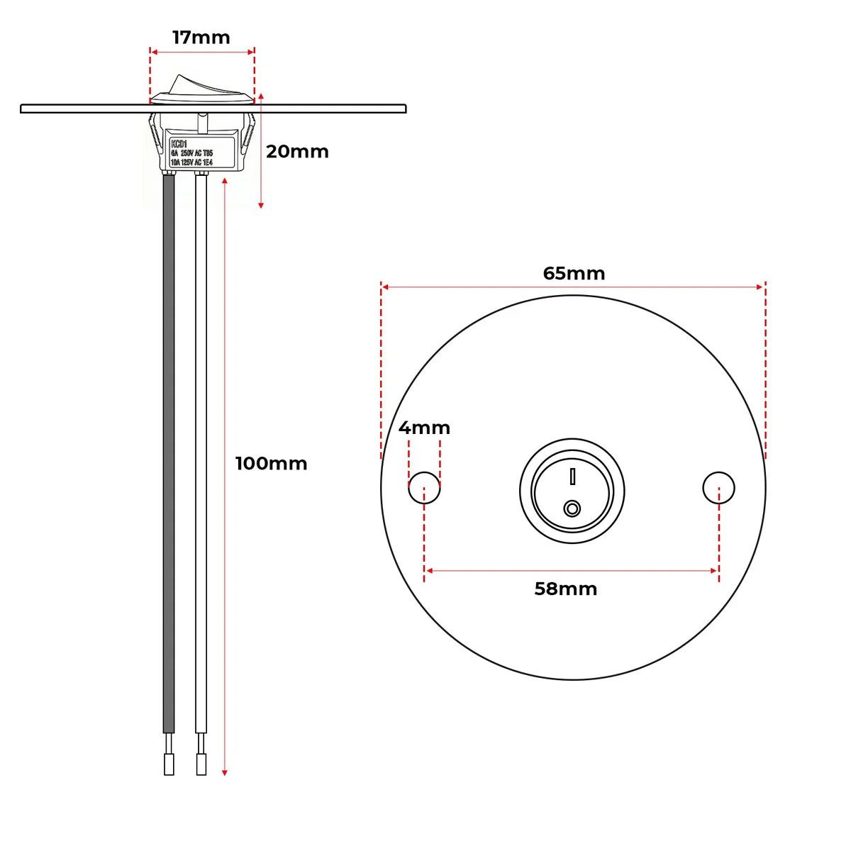 Round black panel mount switch with metal cover plate and pre-wired leads for junction box installation, ON/OFF rocker design