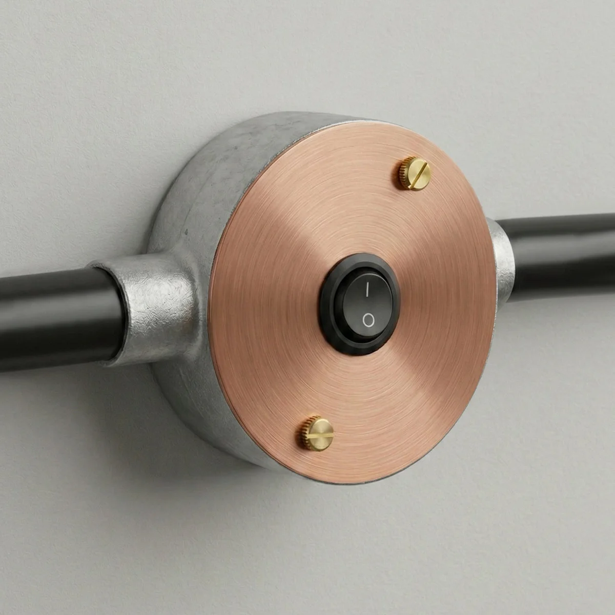 Pre-wired rocker switch with black round panel mount and metal cover plate for junction box installation