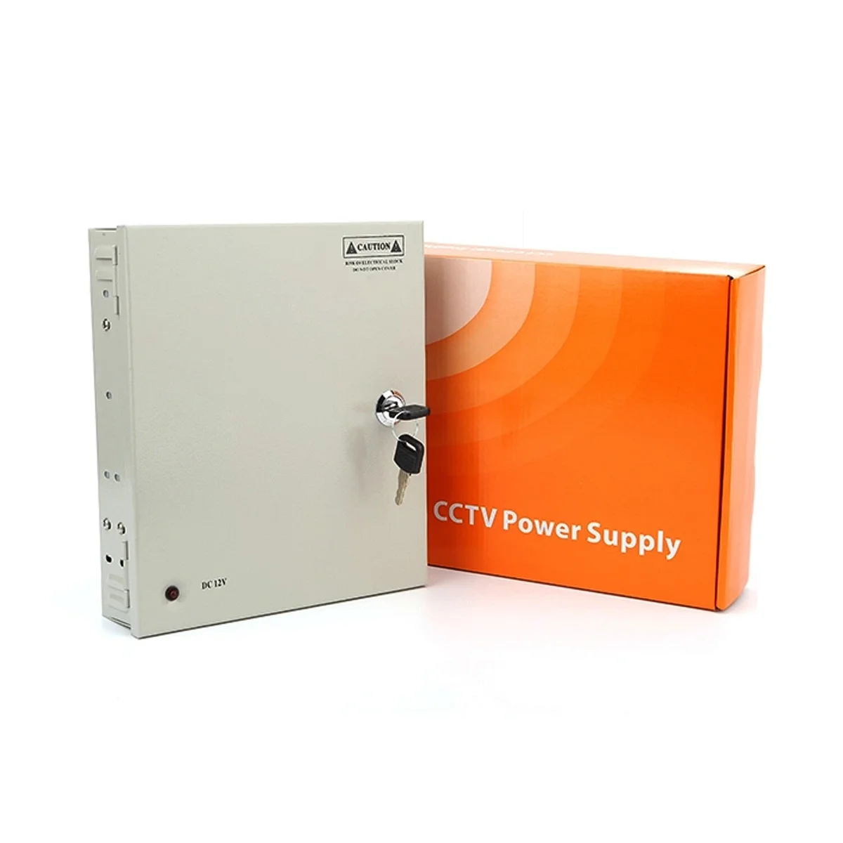 Metal 12V CCTV power supply distribution box with lockable door, LED indicator, and multiple output channels for cameras and lighting