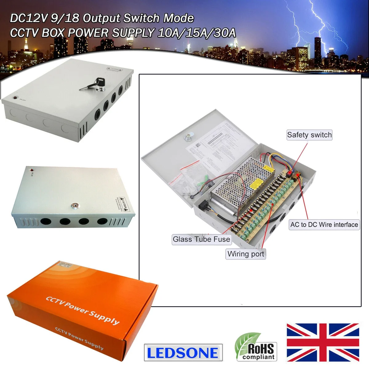 12V 5A CCTV power distribution box with 4 channels, metal lockable case, LED power indicator, and PTC fused protection