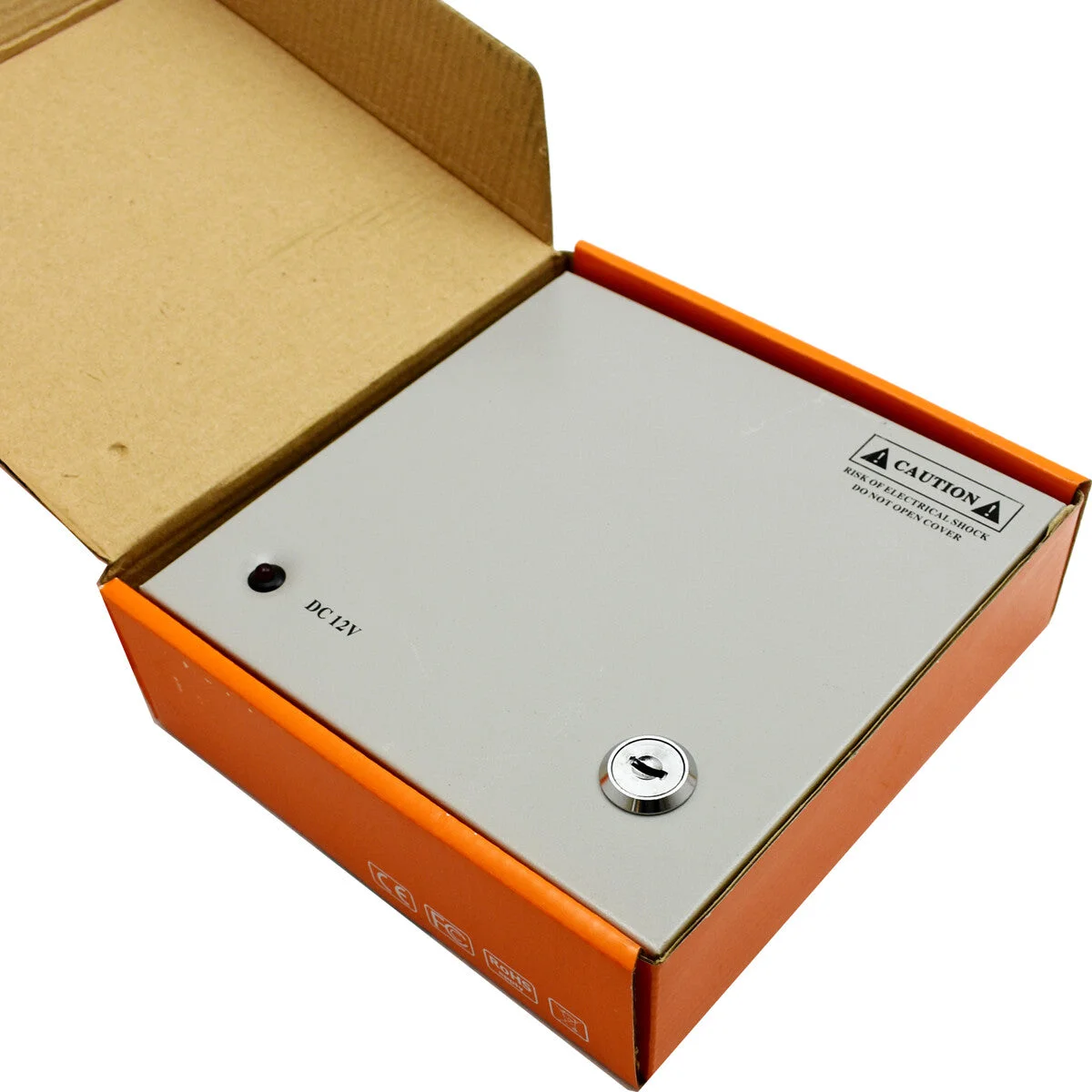 12V 5A security camera power hub with 4 channels, lockable metal case, LED indicator, and PTC fused distribution inside