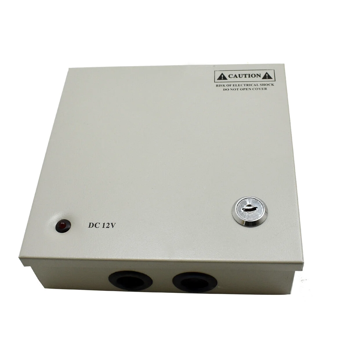 Open 12V 5A CCTV power supply box showing PTC fused power supply channels and internal cable management system