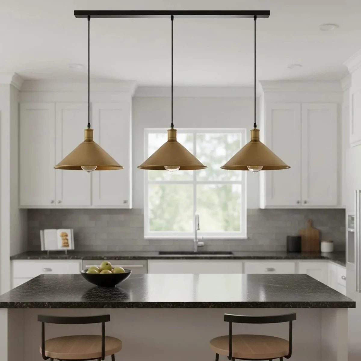 Three-head vintage metal ceiling light pendant lamp with adjustable cables and industrial design above kitchen counter