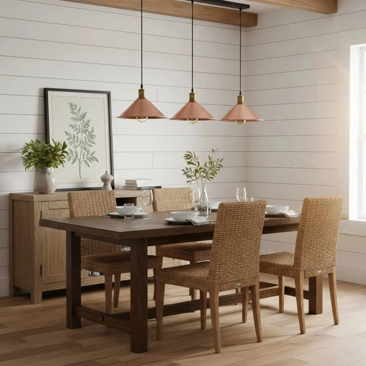 3 head pendant light with vintage metal shades hanging over a kitchen counter, adjustable drop cords visible