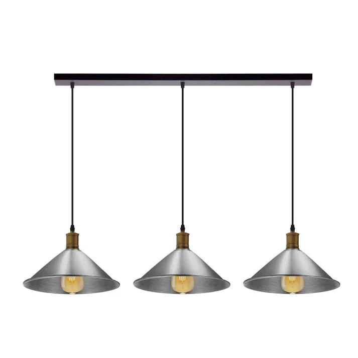 Three-head vintage metal E27 bulb pendant light hanging above kitchen counter with adjustable cables and sleek finish