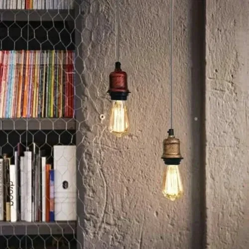 Vintage pendant light with metal holder and adjustable 95cm round PVC cable, ceiling mounted fixture in black finish