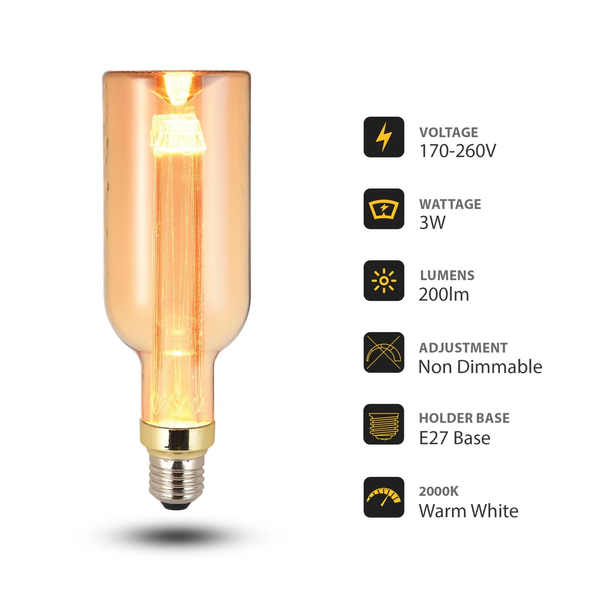 3W LED filament bulb with amber tinted glass and E27 base, glowing warm 2000K light, vintage tubular design