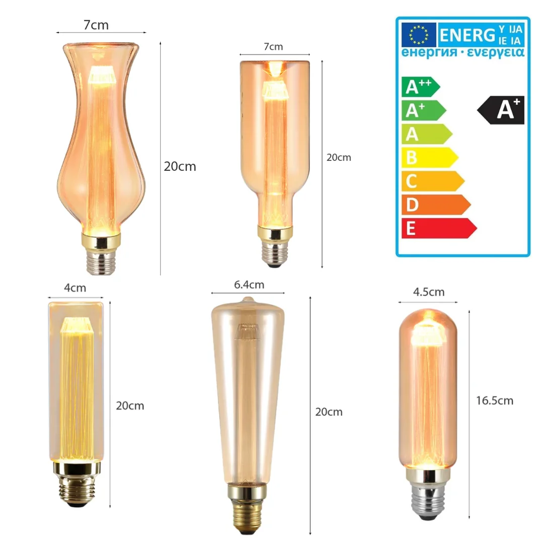 Non dimmable amber glass bulb with E27 base, tubular shape, glowing warm 2000K light, vintage style design