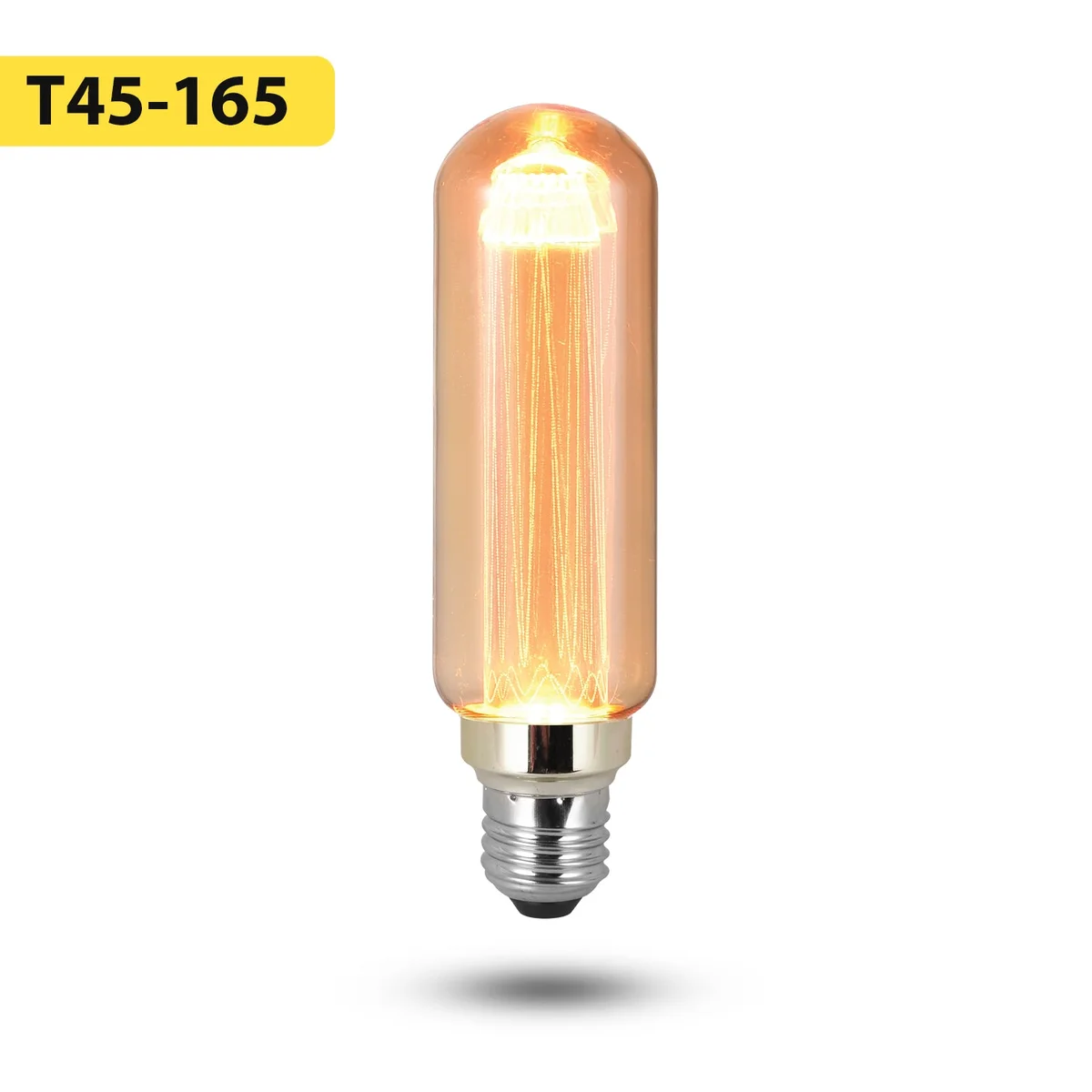 Vintage LED bulb with amber tinted glass and E27 base glowing warmly against a dark background