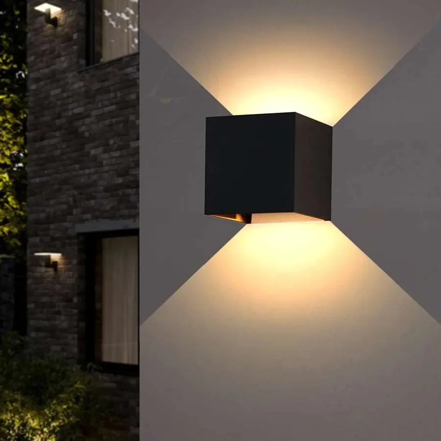 Black square waterproof outdoor wall lights with PIR motion sensor and warm white LED light, modern design