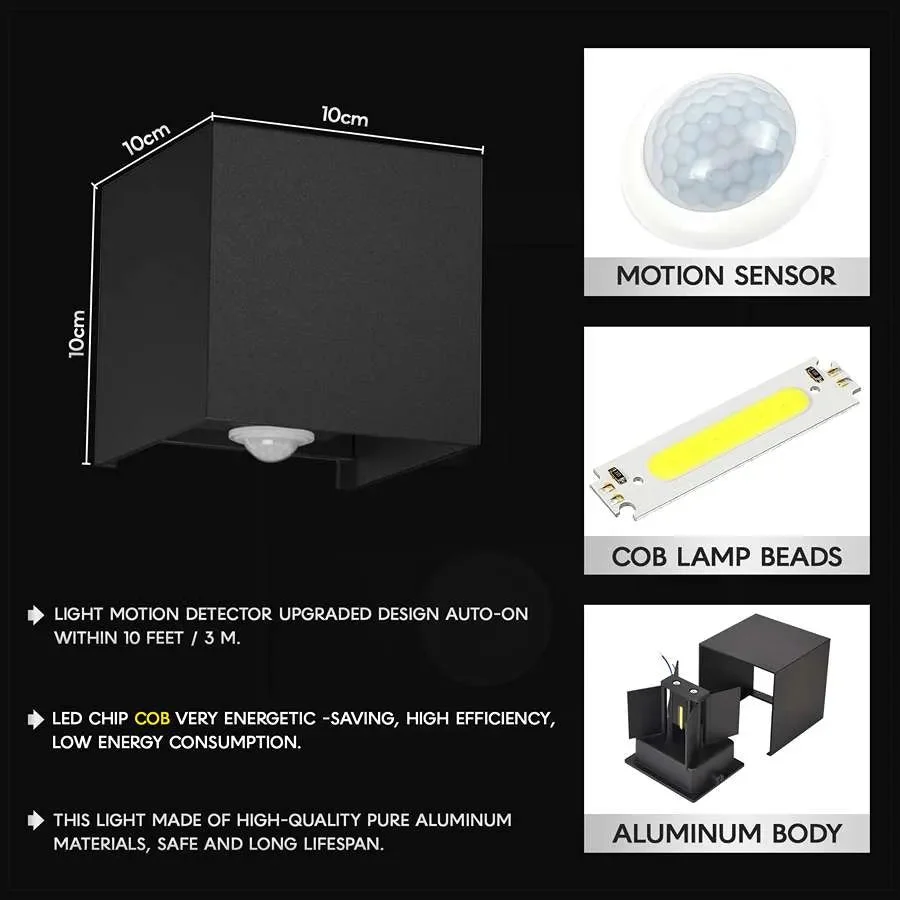 Square black waterproof outdoor lights with integrated PIR motion sensor and warm white LED, modern design, 10W power